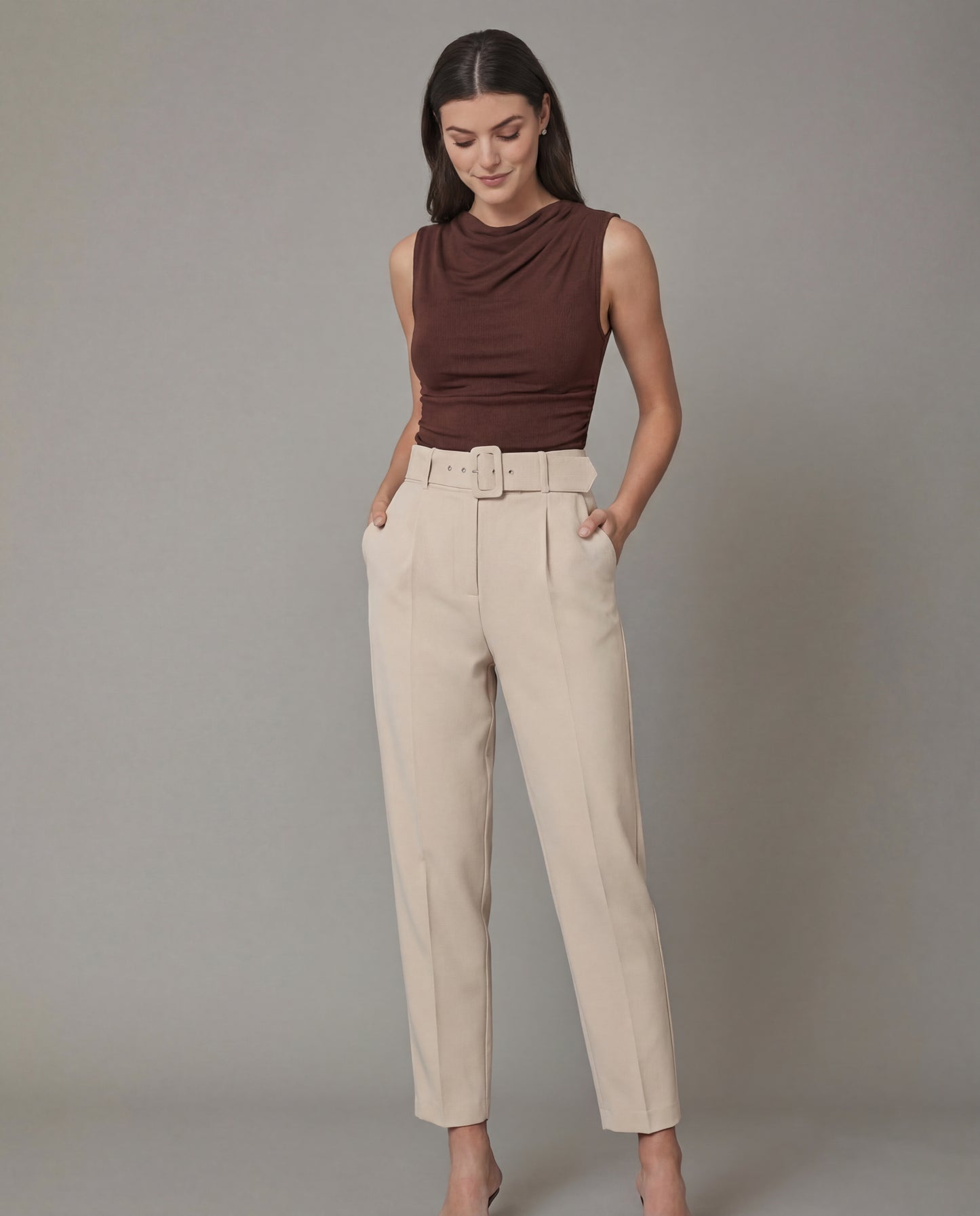 Brown Cowl Neck Ribbed Top And Beige Belted Tapered Pants Set