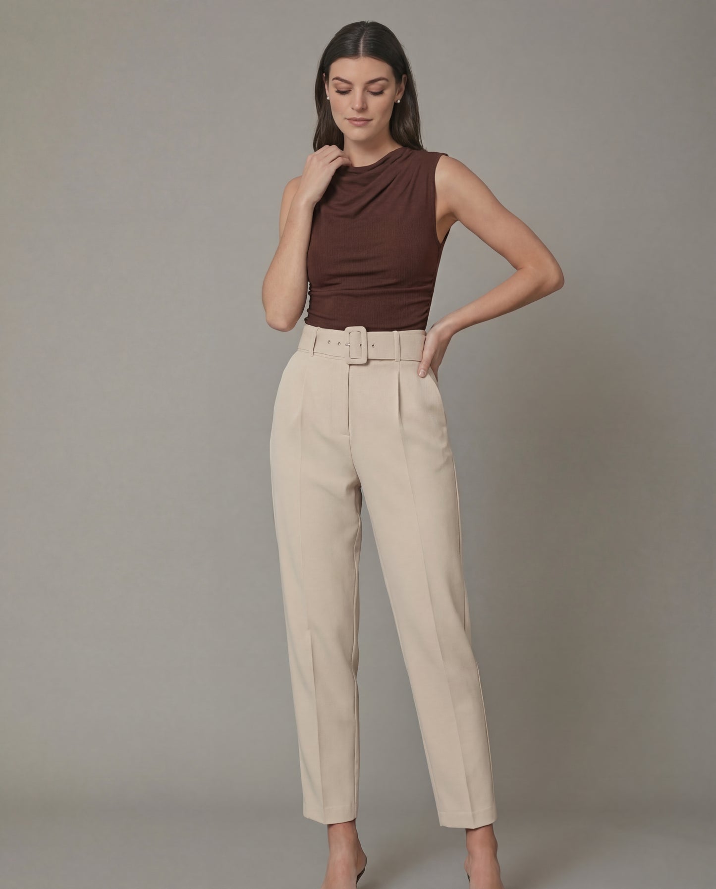 Brown Cowl Neck Ribbed Top And Beige Belted Tapered Pants Set