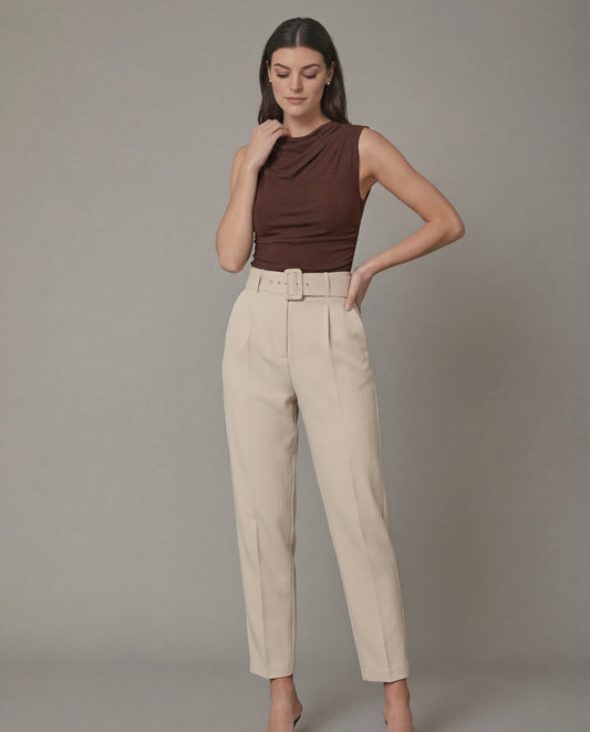 Brown Cowl Neck Ribbed Top And Beige Belted Tapered Pants Set