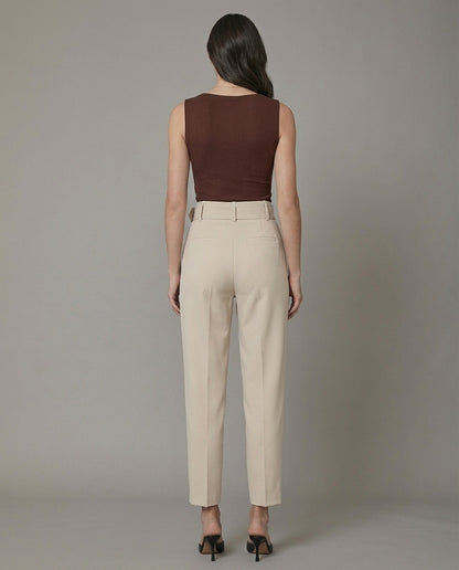 Brown Cowl Neck Ribbed Top And Beige Belted Tapered Pants Set
