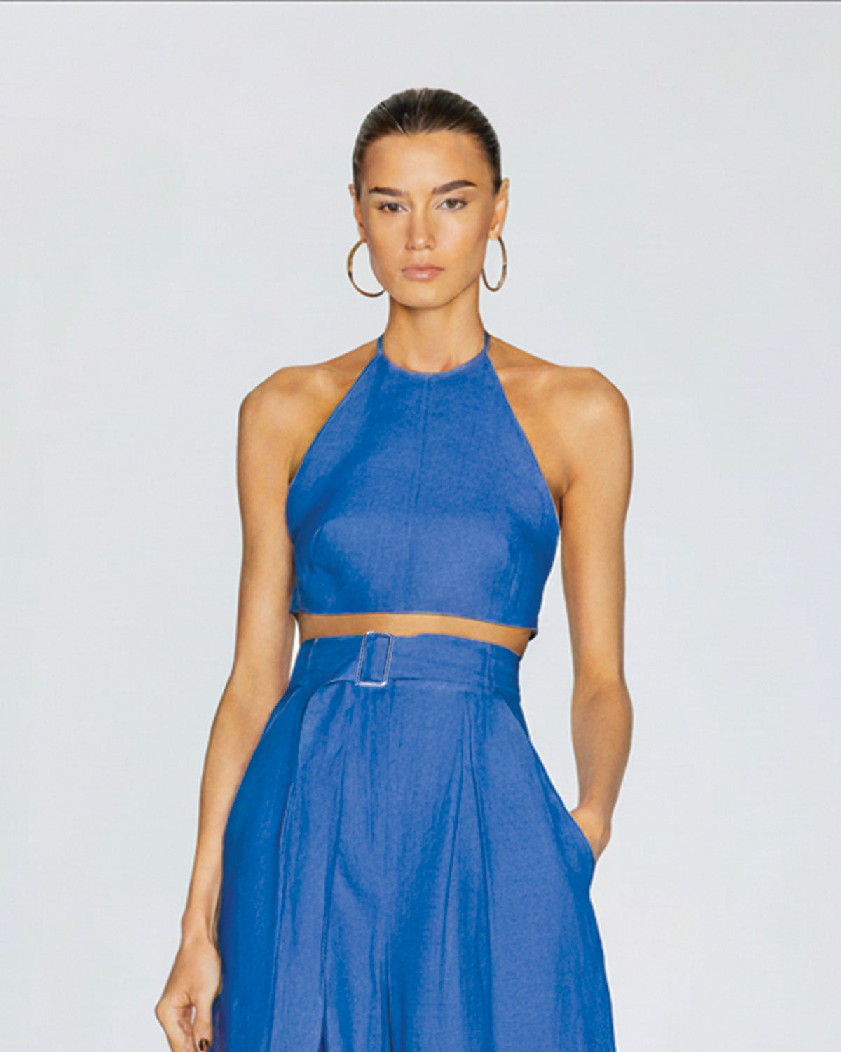 coord sets,bottomwear, topwear,vacation, outdoor events,beach, minimal, sophisticated, timeless,woven,cotton slub, sapphire blue,solid,pleated, tie knot, utility pocket,drawstring,tailored fit top,crop top,crop top,straight hem,halter neck,spaghetti strap,sleeveless,backless,pants,wide leg pants,full length,high rise waist,2 pockets	OY1401-Sapphire Blue	25110034GG