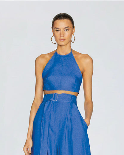 coord sets,bottomwear, topwear,vacation, outdoor events,beach, minimal, sophisticated, timeless,woven,cotton slub, sapphire blue,solid,pleated, tie knot, utility pocket,drawstring,tailored fit top,crop top,crop top,straight hem,halter neck,spaghetti strap,sleeveless,backless,pants,wide leg pants,full length,high rise waist,2 pockets	OY1401-Sapphire Blue	25110034GG
