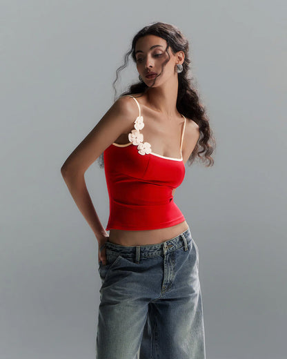 topwear,tops,casual, casual chic,millenial,knitted, stretchable, woven,polyester, spandex,red,solid,contrast,slim fit,crop top,crop,straight hem,cami neck,shoulder strap,no sleeves,sleeveless	OY3117, 25110016GG