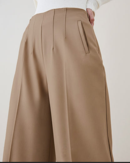 Tan Mid Rise Wide Leg Darted Trouser