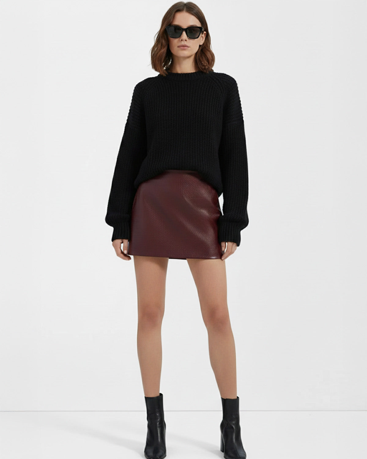 Leather Burgundy Textured A-Line Mini Skirt