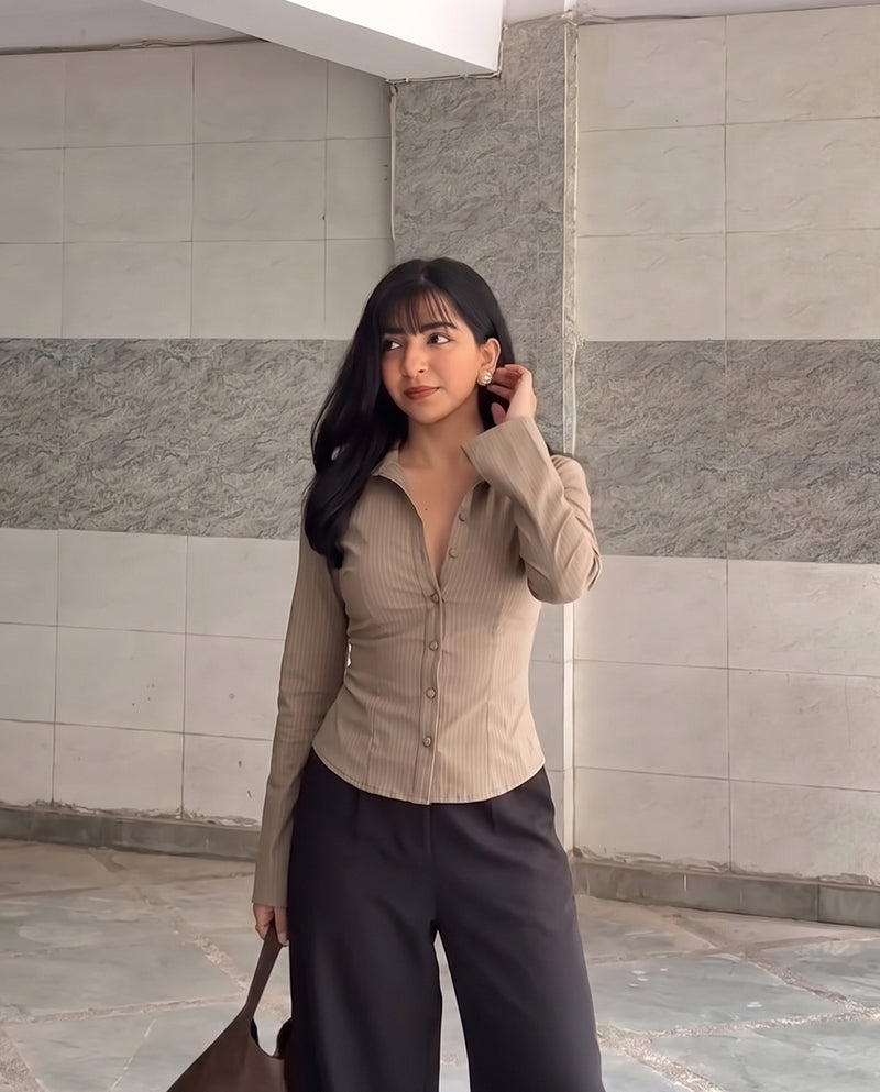 Pinstripes Flared Sleeves Shirt In Beige