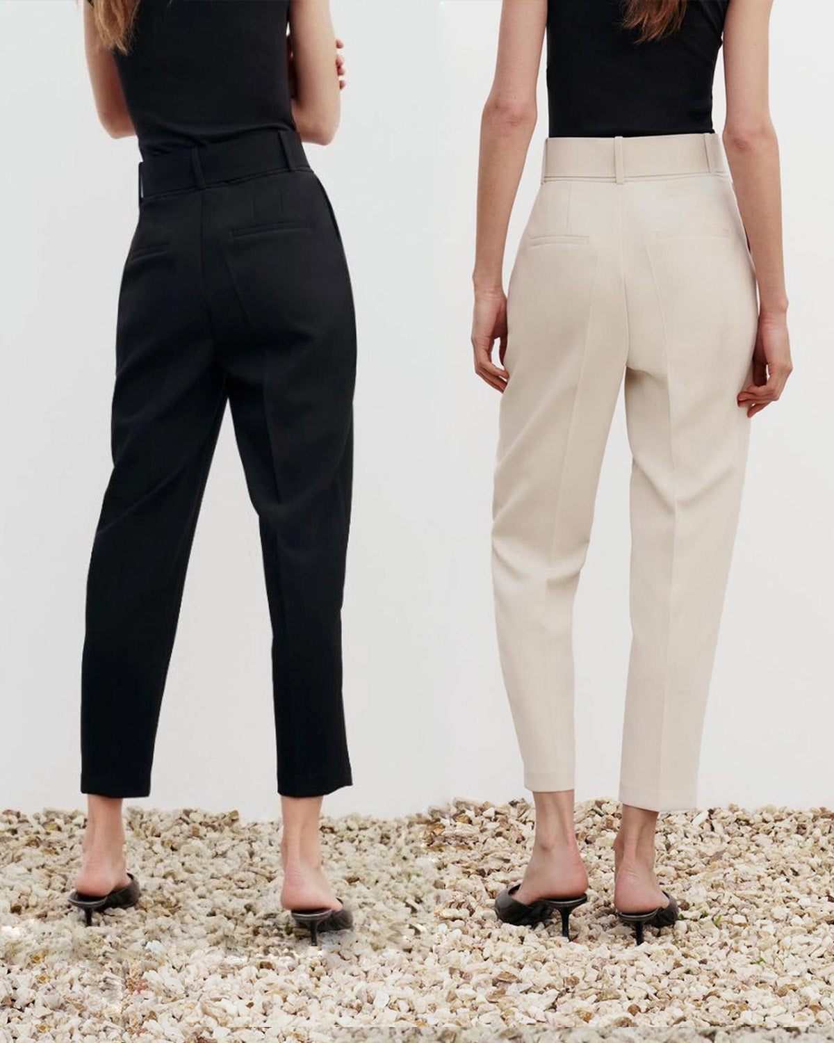 Beige, belt, black, bottomwear, bundle, full length, high rise, pants, polyester, semi-formal, spandex, straight fit, tapered, workwear, woven,set-of-two-belted-stretchable-pants,SET OF TWO BELTED STRETCHABLE PANTS