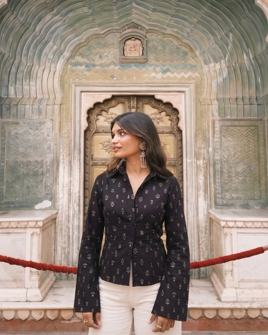 Black Block Print Bell Sleeve Top