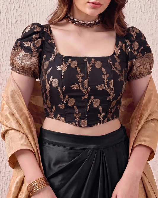 Black Puff Sleeves Brocade Corset Top