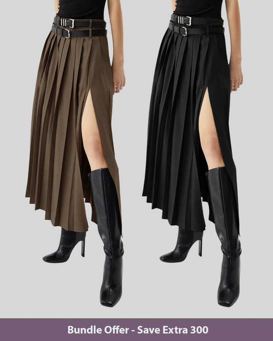 Set Of Two Pleated Split Skirts With Detachable Belts