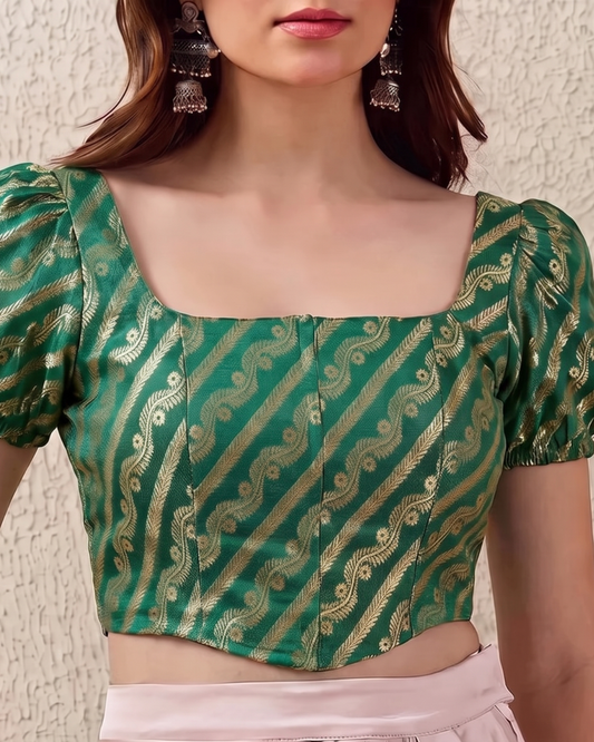 Emerald Green Puff Sleeves Brocade Corset Top