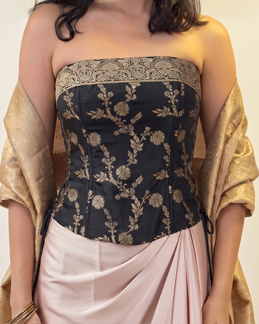 Black Floral Brocade Strapless Corset Top