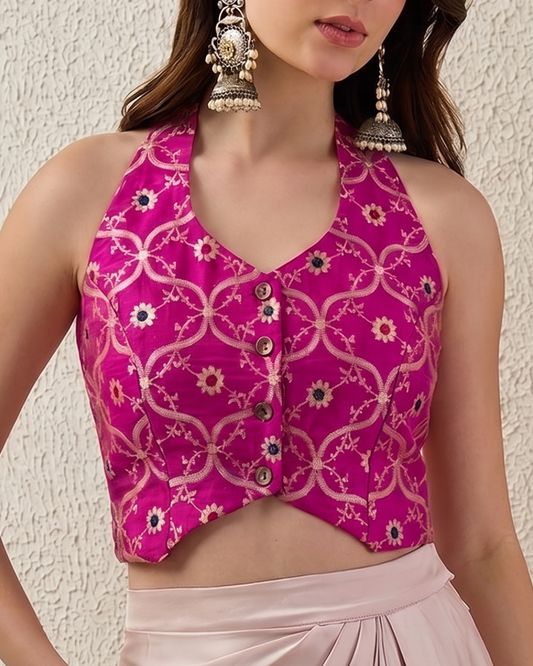 Rani Pink Banarasi Brocade Vest Top