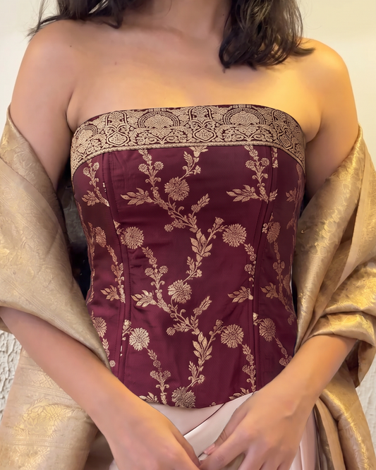 Burgundy Floral Brocade Strapless Corset Top