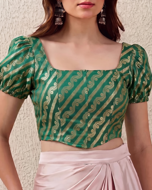 Emerald Green Puff Sleeves Brocade Corset Top