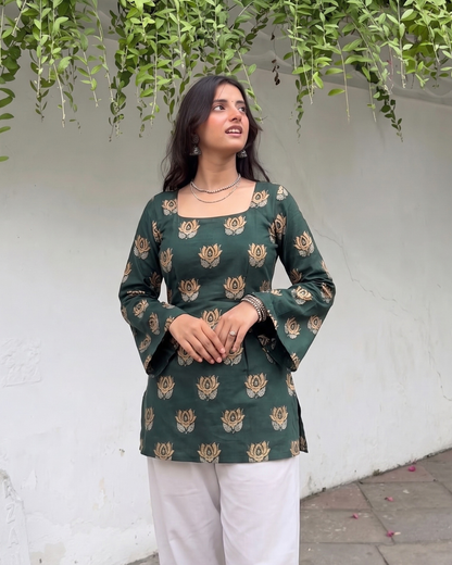 Green Lotus Print Corset Kurti