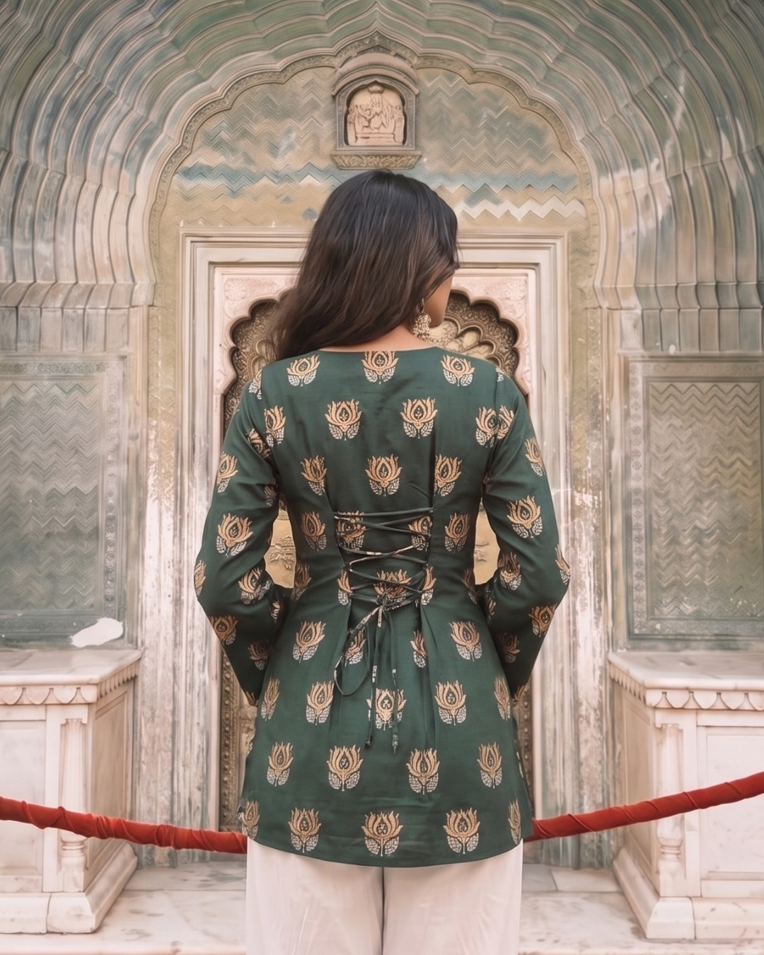 Green Lotus Print Corset Kurti