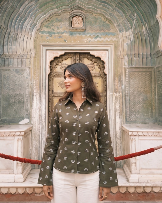 Olive Block Print Bell Sleeve Top
