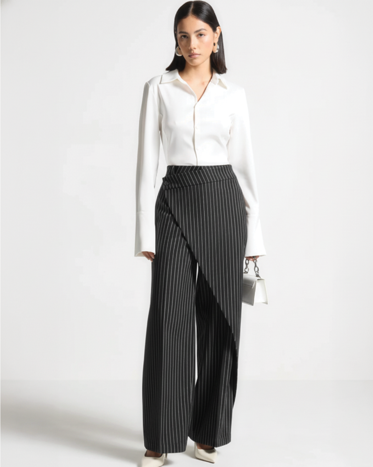 Asymmetric Wrap Pinstripe Wide-Leg Trousers