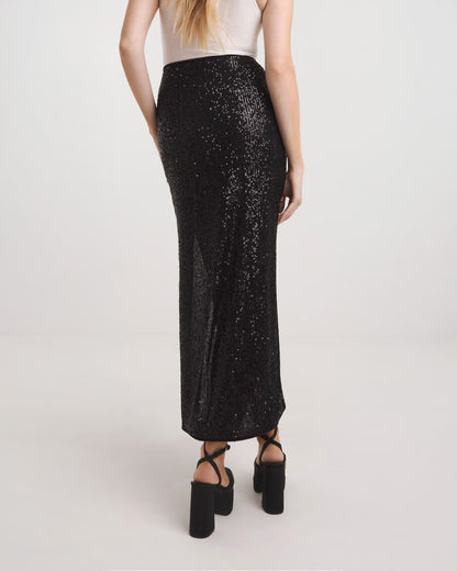 Black Sequin Side Slit Skirt