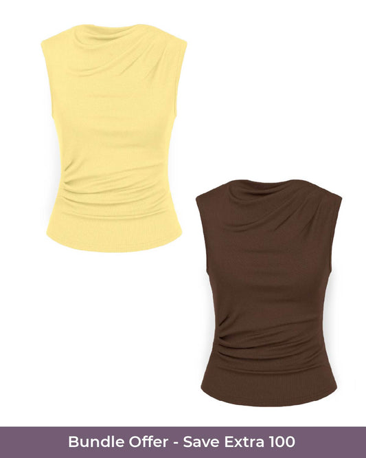 sets,vacation, outdoor events,beach, minimal, soft girl, summer, timeless,knitted, stretchable,ribbed,solid,slim fit,fitted,regular length,cowl neck,sleeveless, lemon yellow, brown,combo,bundle,25050004BU