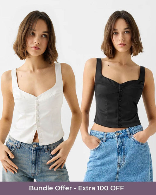 topwear,tops,semi-formal,minimal,woven,poplin,white,solid,button,tailored fit,vest,regular,diamond neck,sleeveless, topwear,tops,semi-formal, outdoor events,creative workwear, minimal, sophisticated, summer,woven,satin,black,solid,button,tailored fit,fitted,waist length,diamond neck,shoulder strap,sleeveless,combos,combo,bundle, 25040011BU,