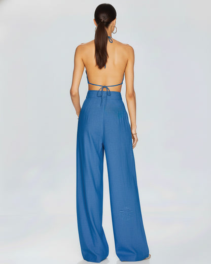 coord sets,bottomwear, topwear,vacation, outdoor events,beach, minimal, sophisticated, timeless,woven,cotton slub, sapphire blue,solid,pleated, tie knot, utility pocket,drawstring,tailored fit top,crop top,crop top,straight hem,halter neck,spaghetti strap,sleeveless,backless,pants,wide leg pants,full length,high rise waist,2 pockets	OY1401-Sapphire Blue	25110034GG