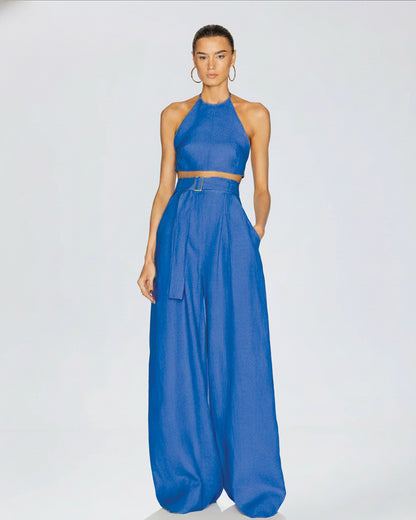 coord sets,bottomwear, topwear,vacation, outdoor events,beach, minimal, sophisticated, timeless,woven,cotton slub, sapphire blue,solid,pleated, tie knot, utility pocket,drawstring,tailored fit top,crop top,crop top,straight hem,halter neck,spaghetti strap,sleeveless,backless,pants,wide leg pants,full length,high rise waist,2 pockets	OY1401-Sapphire Blue	25110034GG