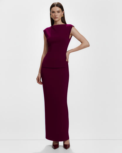 coord sets,bottomwear, topwear,semi-formal, outdoor events, casual chic, summer,urban fit, genz, minimal,knitted,kenzo ribbed,,,dark brown,solid,,,,,slim fit top,fitted top,waist length top,slit hem,boat neck,no straps,sleeveless,sleeveless,slip on top,skirts,straight skirt,maxi length,straight hem,mid rise waist,no pockets	,OY3043, 25070016GG