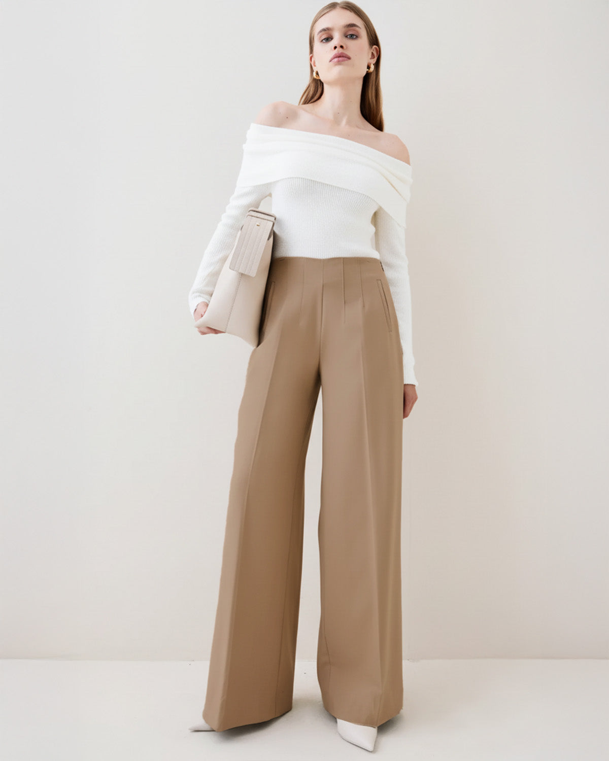 Tan Mid Rise Wide Leg Darted Trouser