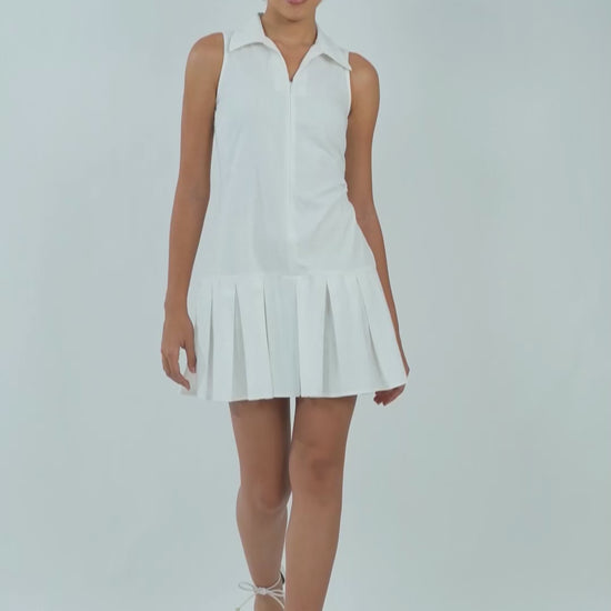 tailored-a-line-dress,TAILORED A-LINE DRESS,dresses,dresses,outdoor event,streetwear,woven,poplin,white,solid,pleated,regular fit,a line,mini,collared,sleeveless,