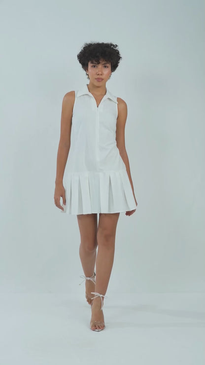 tailored-a-line-dress,TAILORED A-LINE DRESS,dresses,dresses,outdoor event,streetwear,woven,poplin,white,solid,pleated,regular fit,a line,mini,collared,sleeveless,