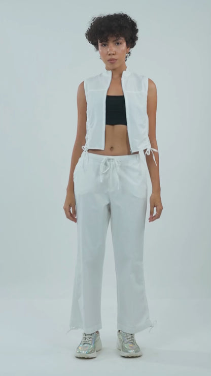 RUCHED COORD SET - TOP,casual, coord sets, cotton, crop, drawstring, high neck, regular fit, ruched, sleeveless, solid, streetwear, summer, tops, topwear, vacation, white, woven,ruched-zip-open-top,Color- WhiteFabric- CottonType- CropFit- Regular Fit Neck- High Neck Closure- ZipPrint- SolidDetails- Ruched HemContains only Top