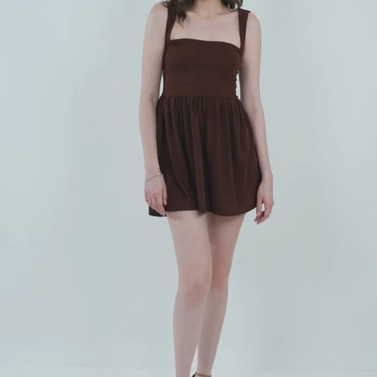 gathered-fit-and-flare-dress-brown,GATHERED FIT AND FLARE DRESS,dresses,dresses,outdoor event,streetwear,knitted,single jersey,brown,solid,gathered,skinny fit,fit and flare,mini,square neck,shoulder strap,sleeveless,cutout back