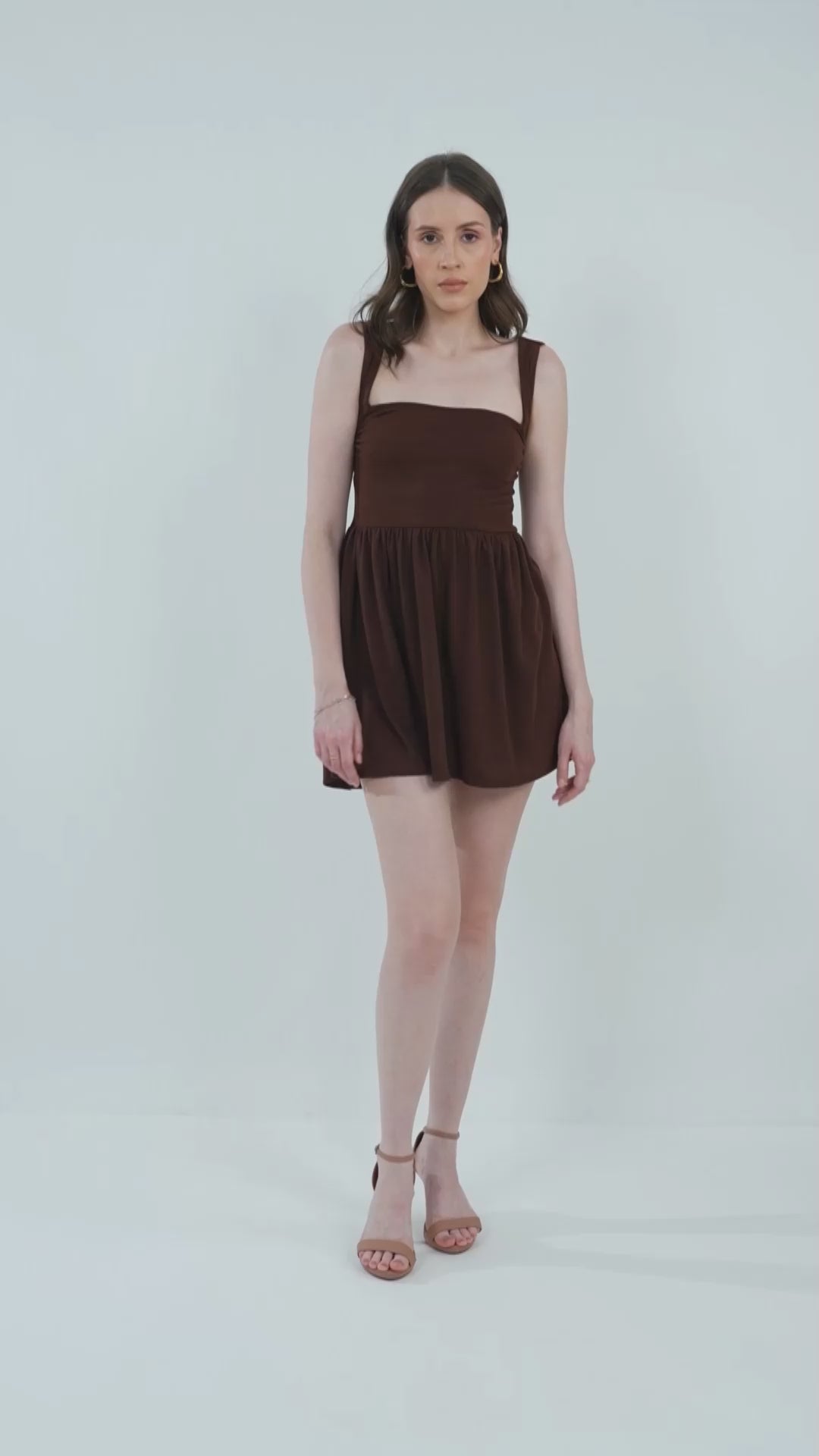 gathered-fit-and-flare-dress-brown,GATHERED FIT AND FLARE DRESS,dresses,dresses,outdoor event,streetwear,knitted,single jersey,brown,solid,gathered,skinny fit,fit and flare,mini,square neck,shoulder strap,sleeveless,cutout back