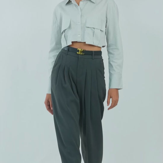 Pant 1 Color: OliveFabric: Moss CrepeFit: Relaxed FitLength: 41 inches waist: High RiseClosure: Zip & ButtonNo. of Pockets: 2Print: SolidDetail: PleatedPant 2Color: GreyFabric: Moss CrepeFit: Relaxed FitLength: 40 inches Waist: High RiseClosure: Zip & ButtonNo. of Pockets: 2Print: SolidDetail: Pleated Wide Leg 