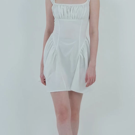 gathered-fit-and-flare-dress,GATHERED FIT AND FLARE DRESS,dresses,dresses,outdoor event,minimal,woven,cotton,white,solid,gathered,tailored fit,fit and flare,mini,square neck,short sleeves,