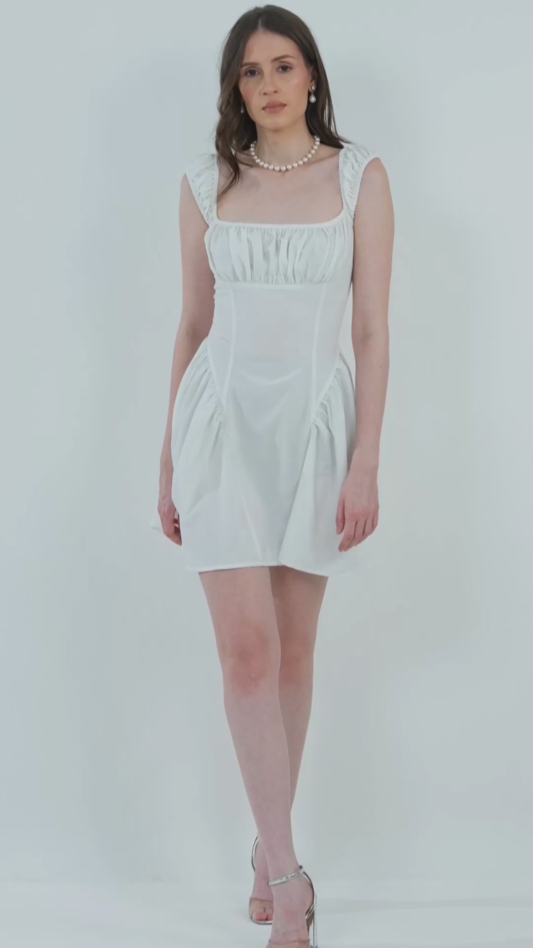 gathered-fit-and-flare-dress,GATHERED FIT AND FLARE DRESS,dresses,dresses,outdoor event,minimal,woven,cotton,white,solid,gathered,tailored fit,fit and flare,mini,square neck,short sleeves,