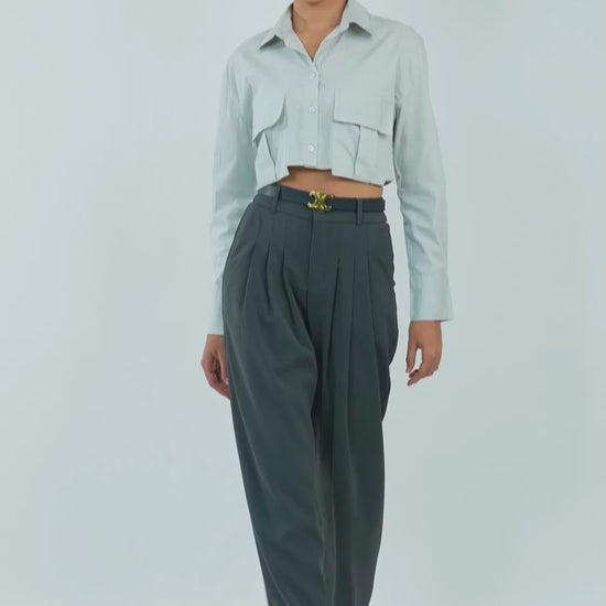 flap-pocket-crop-shirt-grey,FLAP POCKET CROP SHIRT,topwear,shirts,casual,streetwear,woven,poplin,grey,stripes,flap pocket, utility pocket,relaxed fit,crop,shirt collar,long sleeves