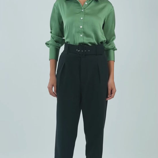 solid-satin-shirt-green,SOLID SATIN SHIRT,topwear,shirts,outdoor events,minimal,woven,satin,green,solid,regular fit,regular,shirt collar,cuff sleeves,long sleeves