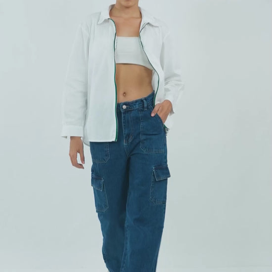 zip-up-oversized-shirt-white,BOYFRIEND OVERSIZED SHIRT,topwear,shirts,casual,streetwear,woven,poplin,white,solid,contrast,oversized,longline,spread collar,long sleeves