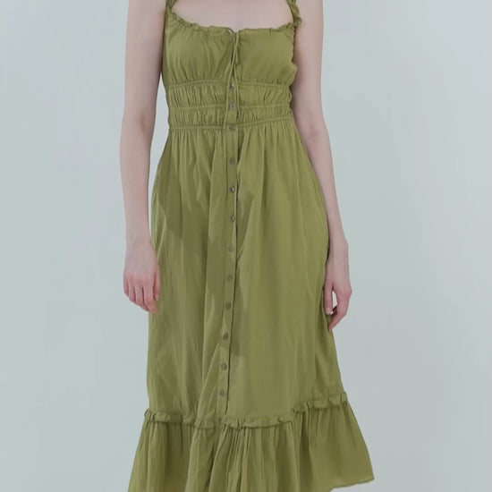 MIDI RUCHED DRESS,beach, button, casual, cotton, criss cross back, criss cross detail, drawstring, dresses, fit and flare, khakhi, midi, regular fit, ruched, ruffled, scoop neck, shoulder strap, sleeveless, summer, tiered, vacation, woven,midi-ruched-bodice-olive-dress,Neck - Scoop neckSleeve - Sleeveless Fit - Regular fitPrint/Pattern - SolidColor - Khakhi Olive Length - Midi Type - Midi dressMaterial - Cotton Detail - Ruched bodice and a tier at the hem.