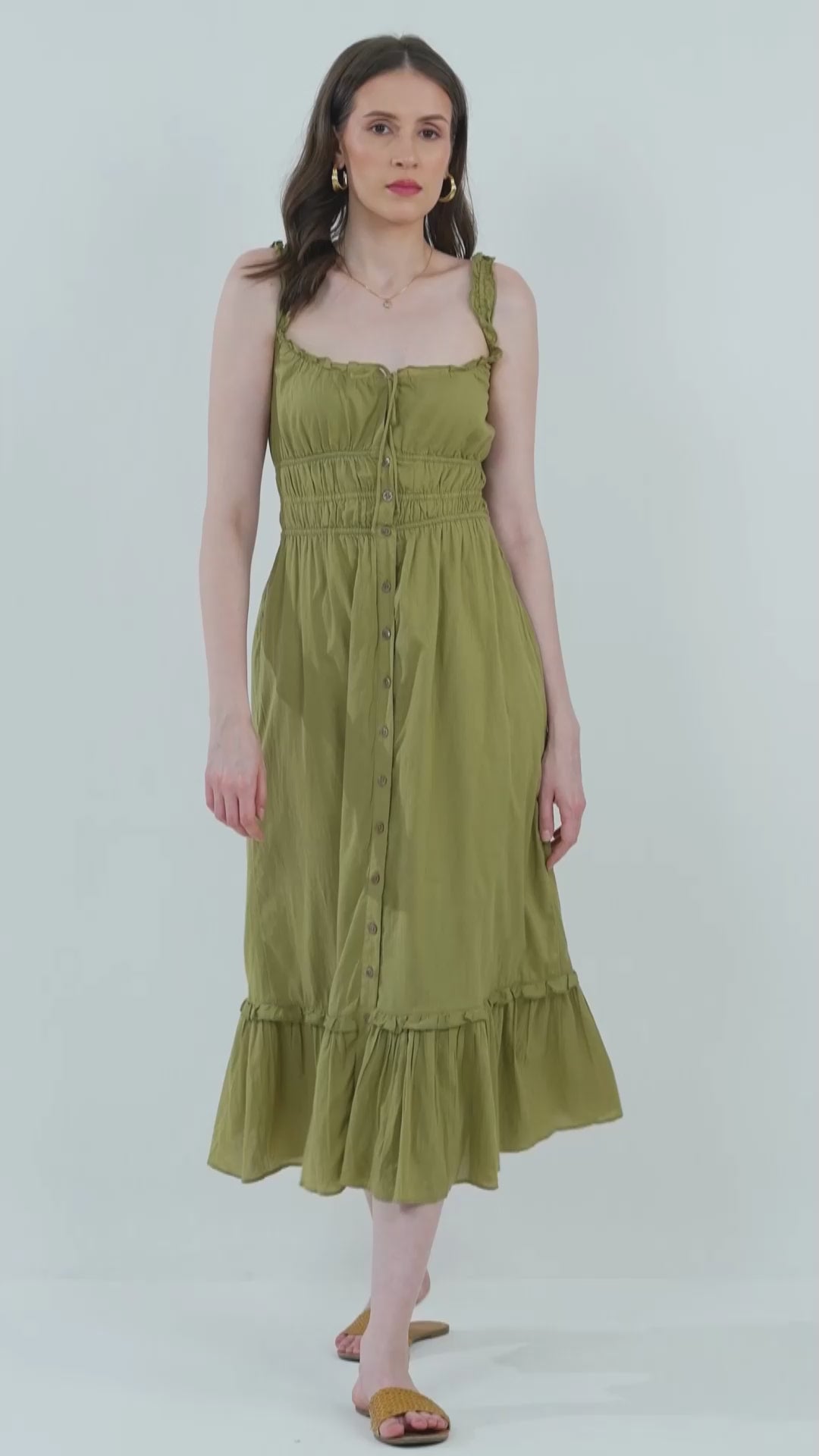 MIDI RUCHED DRESS,beach, button, casual, cotton, criss cross back, criss cross detail, drawstring, dresses, fit and flare, khakhi, midi, regular fit, ruched, ruffled, scoop neck, shoulder strap, sleeveless, summer, tiered, vacation, woven,midi-ruched-bodice-olive-dress,Neck - Scoop neckSleeve - Sleeveless Fit - Regular fitPrint/Pattern - SolidColor - Khakhi Olive Length - Midi Type - Midi dressMaterial - Cotton Detail - Ruched bodice and a tier at the hem.