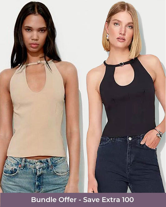 topwear,tops,casual,knitted, stretchable,elastane, polyester,black,cutout,belt, buckle,tailored fit,fitted,regular,halter neck,sleeveless,beige,25050002BU