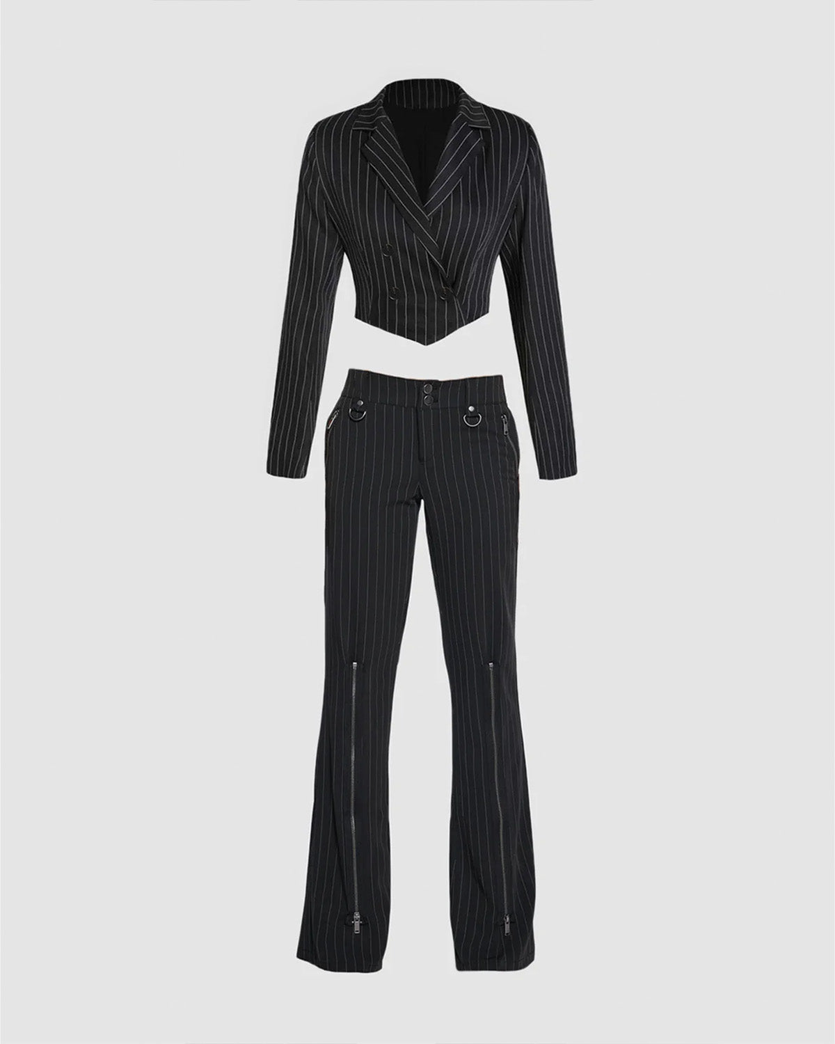 outer wear,blazer,formal, semi-formal,minimal,woven,poly cotton,black,pinstripes,button,tailored fit,cropped blazer,regular,curved,notch collar,long sleeves, bottomwear,pants,casual,streetwear,woven,polly cotton,black,zipper pocket,zipper,straight fit,flared,full length,high rise, 25010047BU