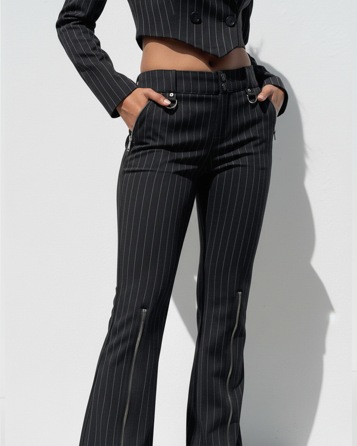 outer wear,blazer,formal, semi-formal,minimal,woven,poly cotton,black,pinstripes,button,tailored fit,cropped blazer,regular,curved,notch collar,long sleeves, bottomwear,pants,casual,streetwear,woven,polly cotton,black,zipper pocket,zipper,straight fit,flared,full length,high rise, 25010047BU