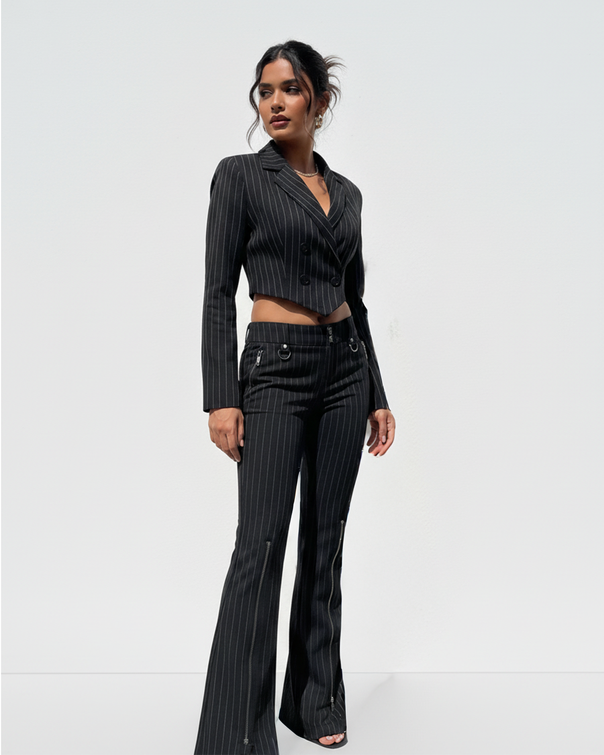 outer wear,blazer,formal, semi-formal,minimal,woven,poly cotton,black,pinstripes,button,tailored fit,cropped blazer,regular,curved,notch collar,long sleeves, bottomwear,pants,casual,streetwear,woven,polly cotton,black,zipper pocket,zipper,straight fit,flared,full length,high rise, 25010047BU