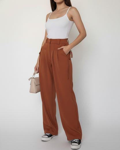 bottomwear,trousers,semi-formal,workwear,stretchable,polyester, spandex,rust,relaxed fit,wide leg,full length,high rise, OY980, 24090006GG