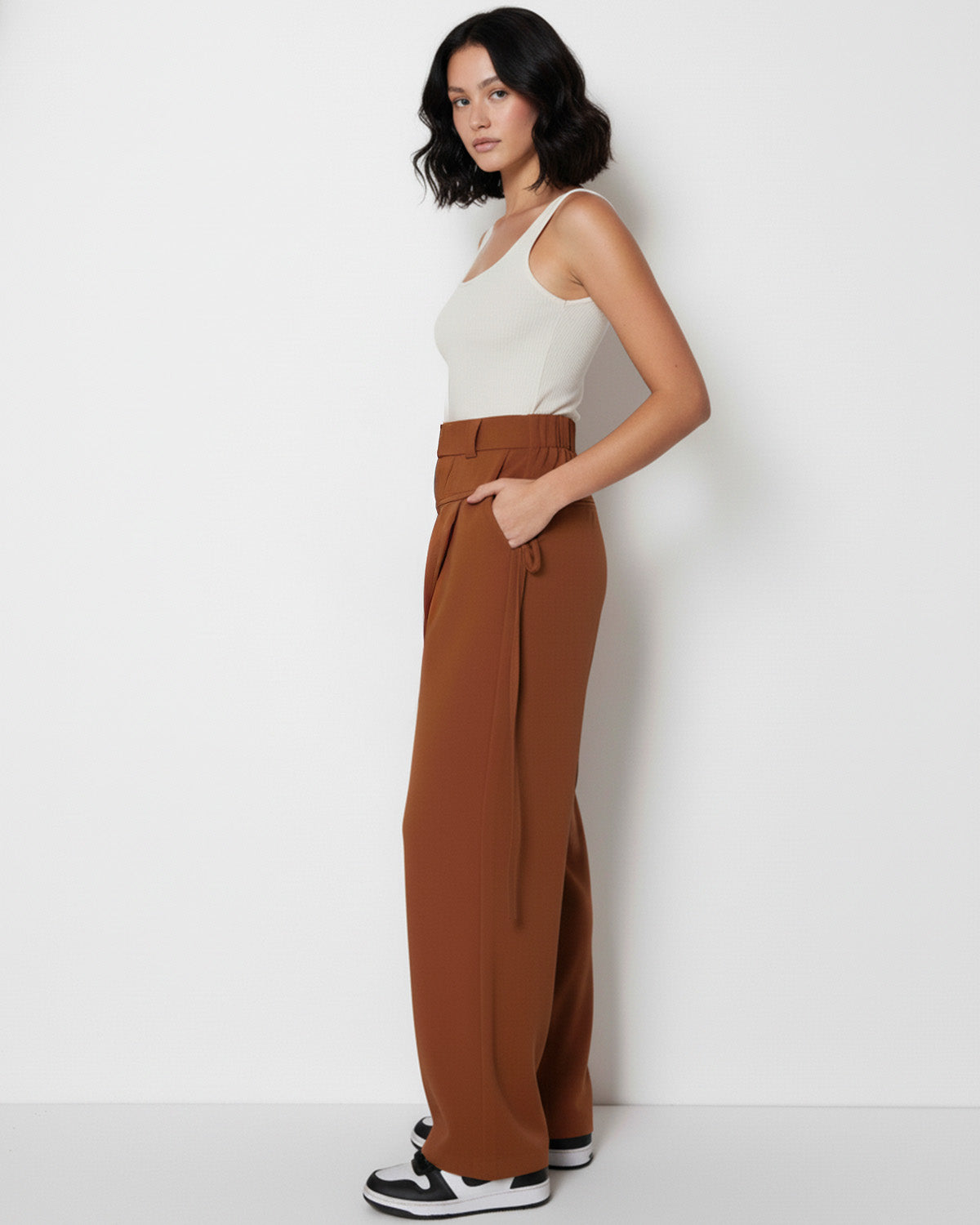 bottomwear,trousers,semi-formal,workwear,stretchable,polyester, spandex,rust,relaxed fit,wide leg,full length,high rise, OY980, 24090006GG