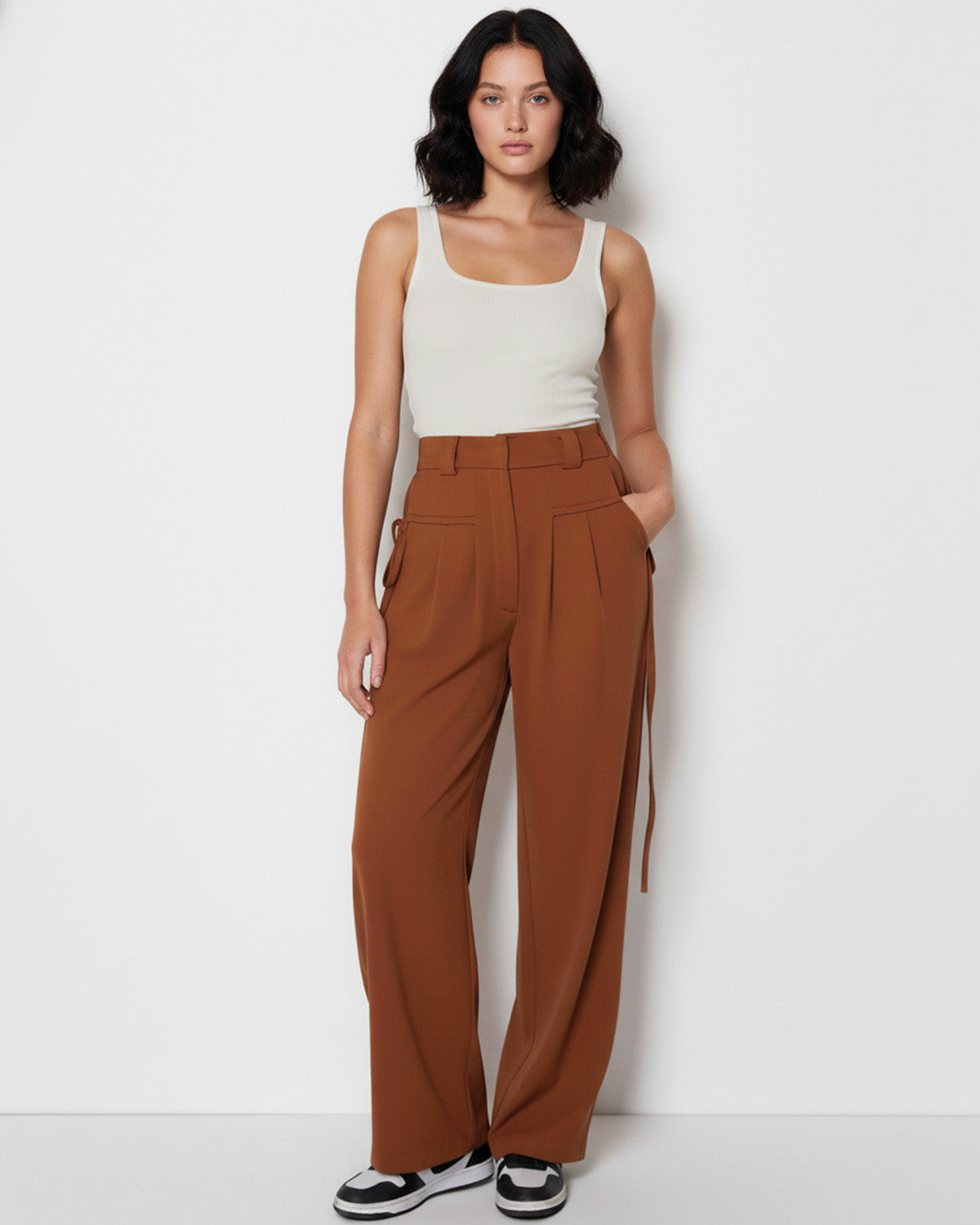 bottomwear,trousers,semi-formal,workwear,stretchable,polyester, spandex,rust,relaxed fit,wide leg,full length,high rise, OY980, 24090006GG